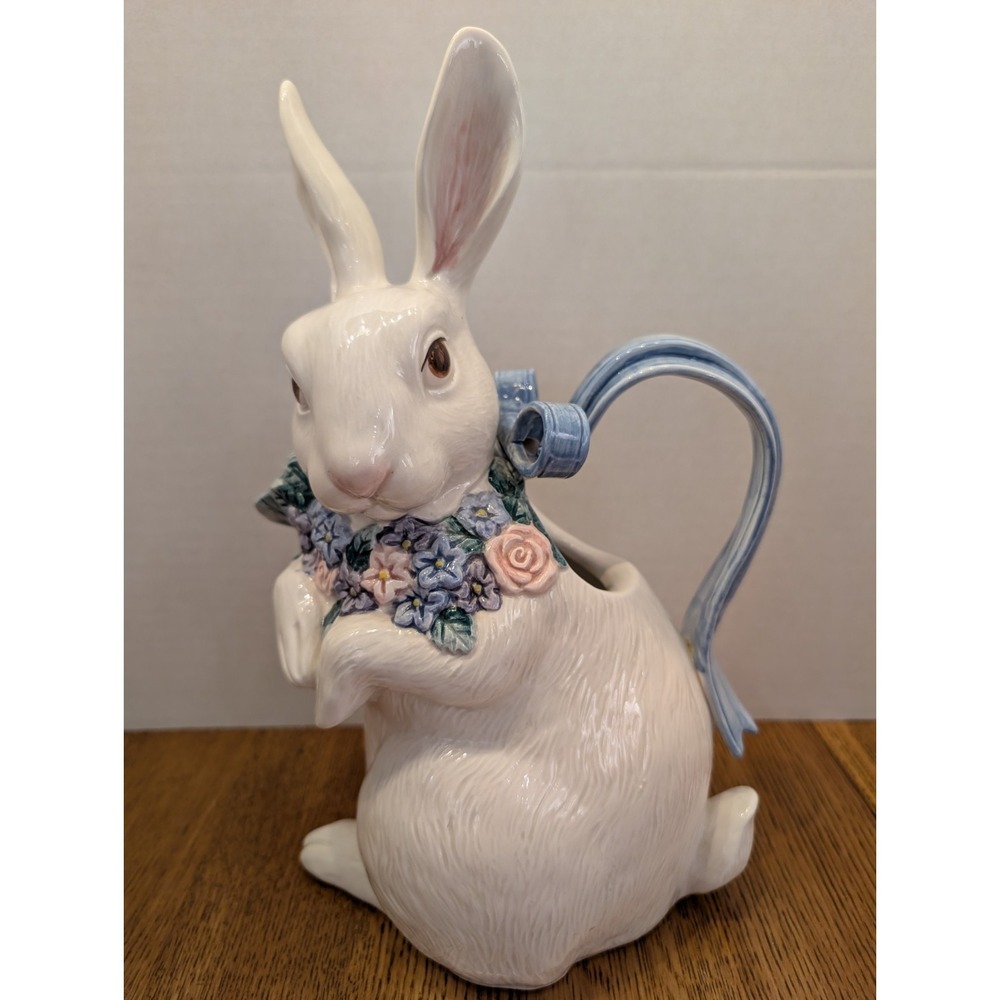 Fitz and Floyd Flora Ceramic Rabbit 1qt Pitcher 1993 Blue Bow Handle